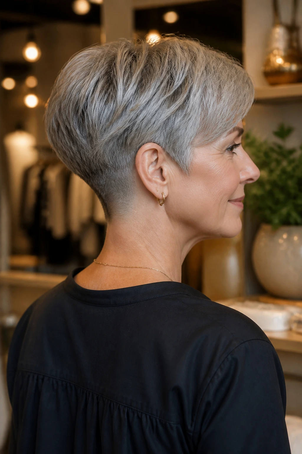 Profile view of real woman with nape-undercut crop.