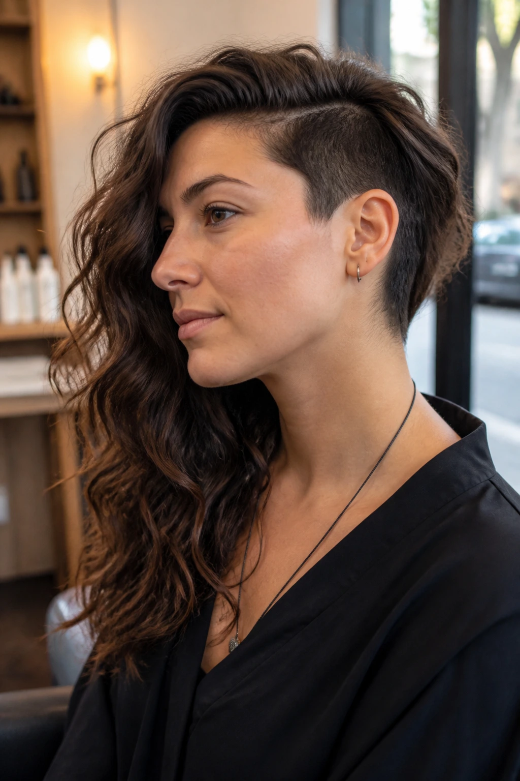 Close-up of a real person with a nape undercut and long top in warm salon lighting