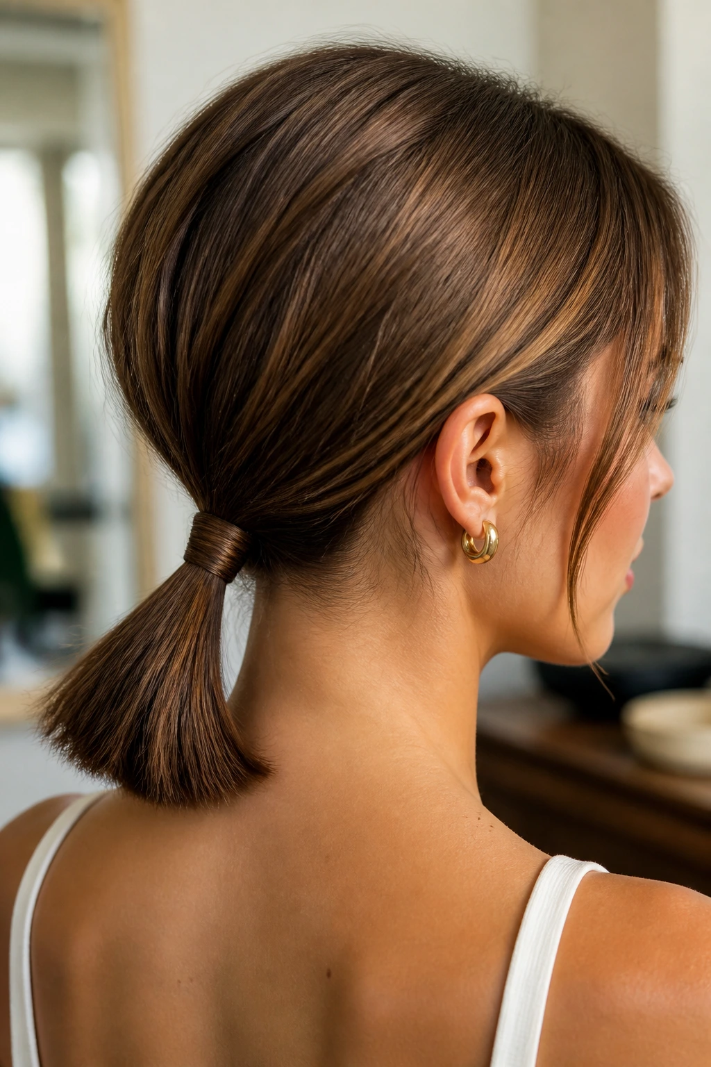 Close-up of a chin-length bob with a sleek nape wrap pony at the nape