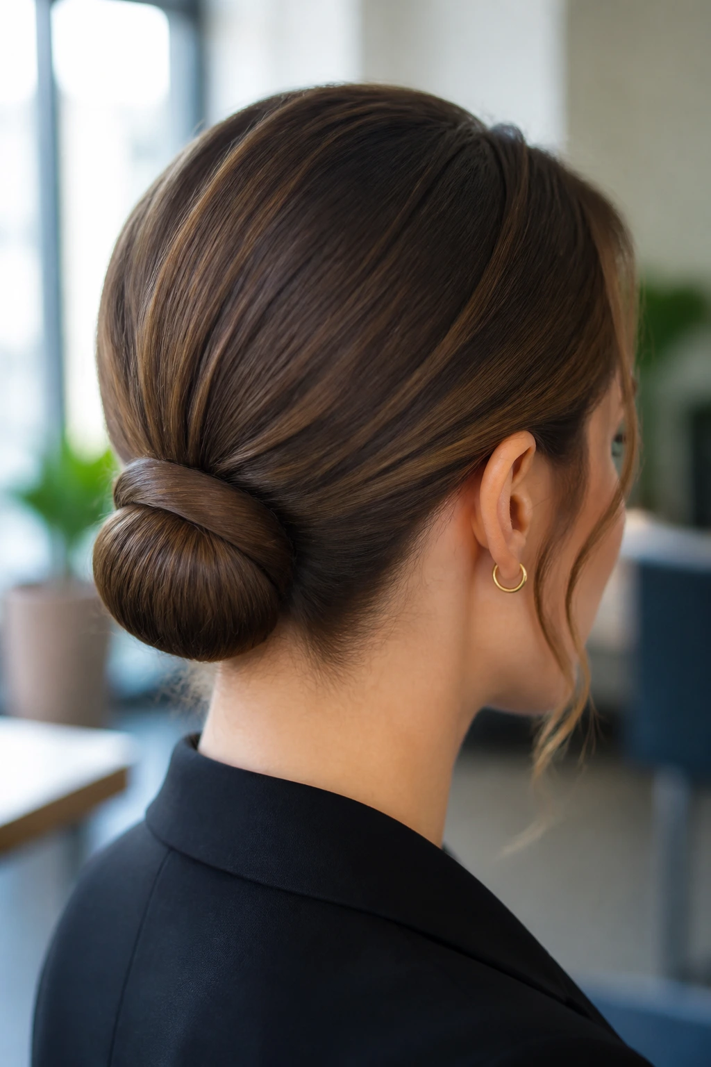 Close-up portrait showing a nape-wrapped coil hairstyle with pins hidden