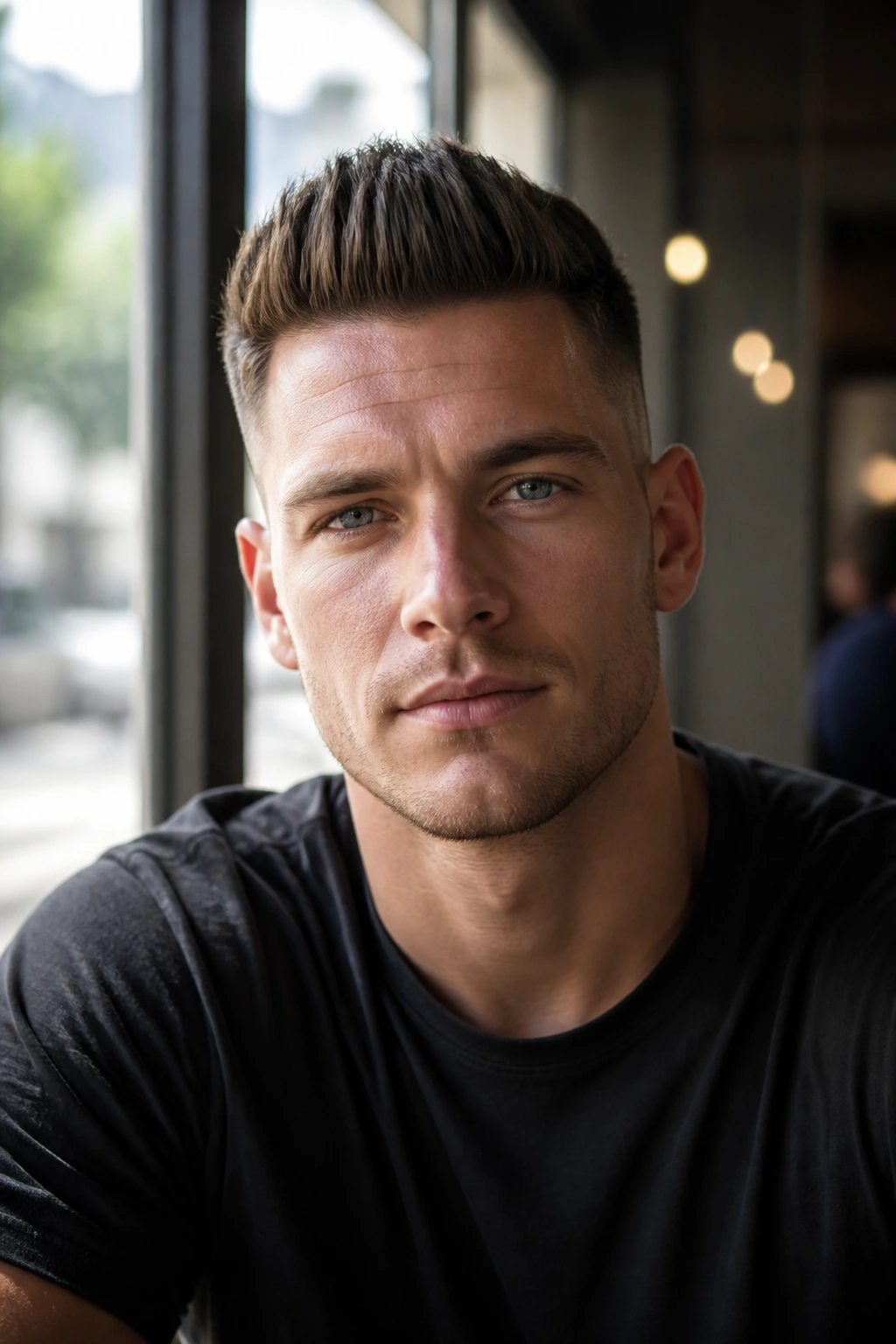 Close-up of a man with a narrow-front quiff in cafe window light