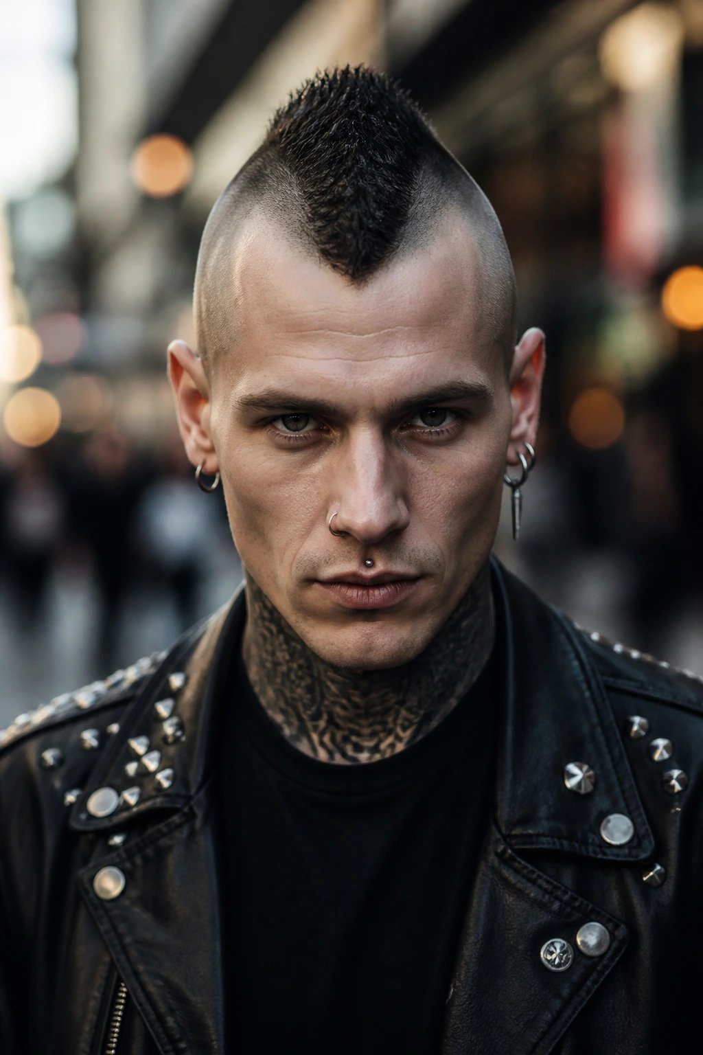 Portrait of a person with a narrow mohawk fade against a city street background.