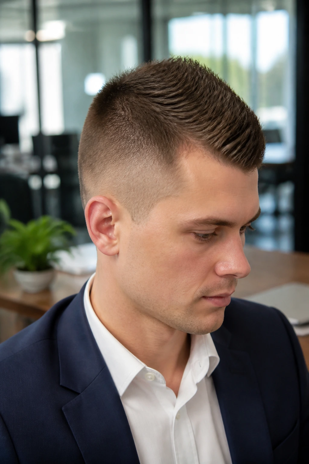 Close-up of a man with a narrow mohawk in a modern office setting