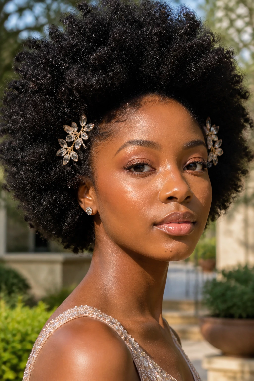 Close-up of a natural afro with decorative clips showing texture