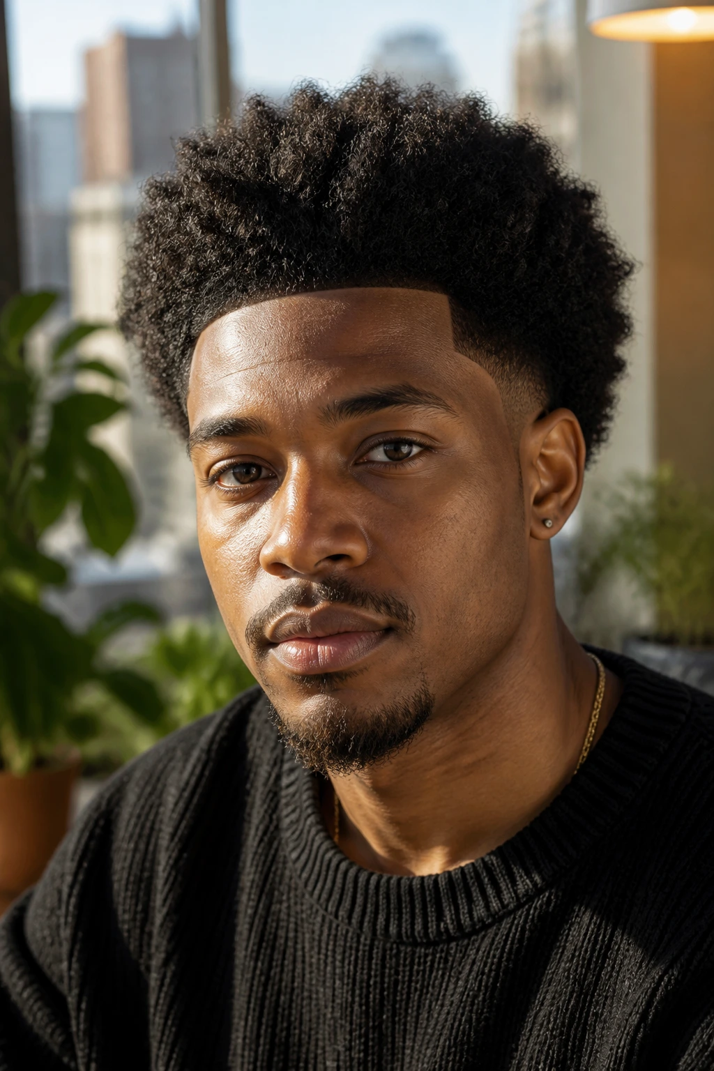 Close-up of a man with natural afro and crisp shape-up