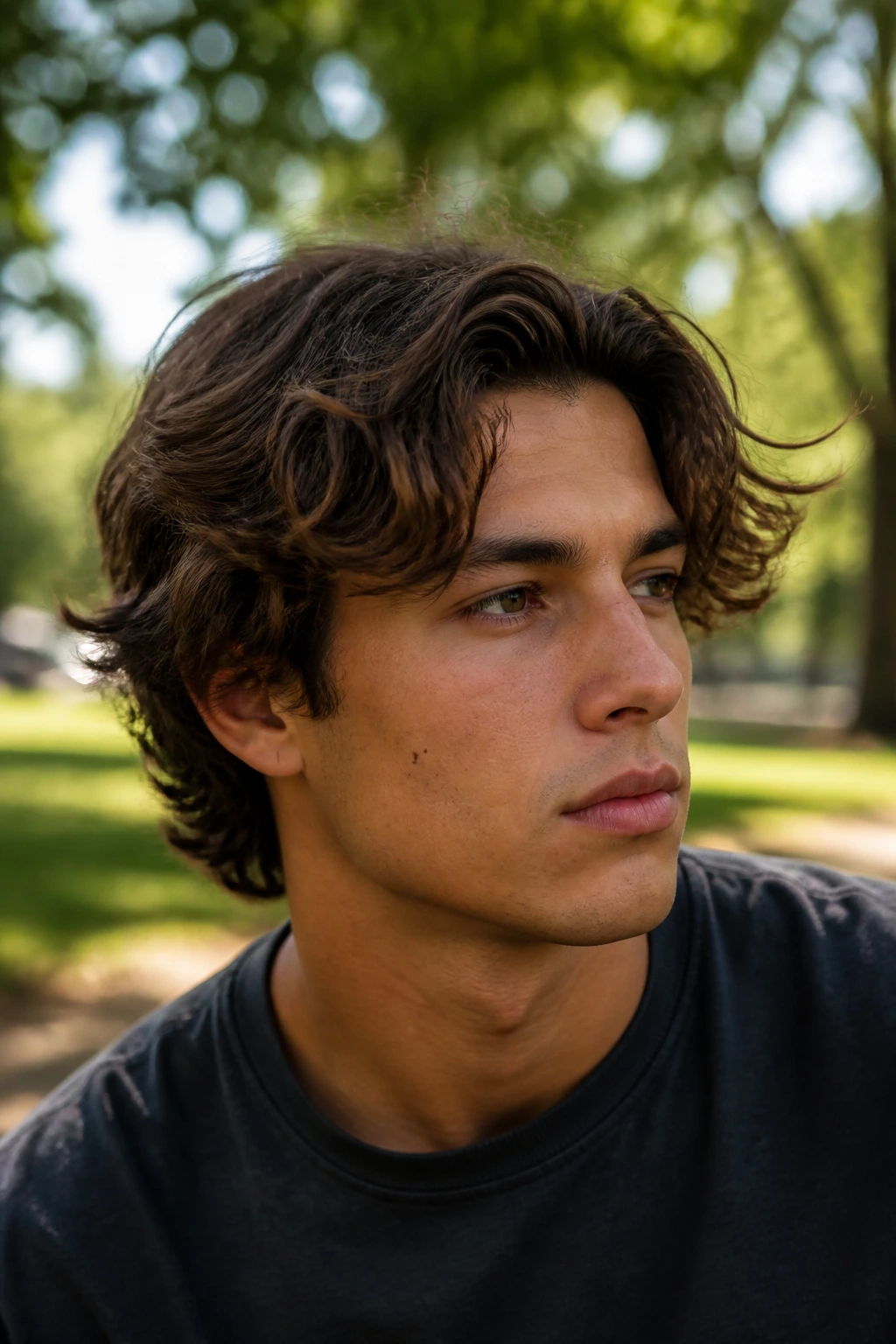 Close-up portrait of a man with natural air-dried waves in medium-length hair.