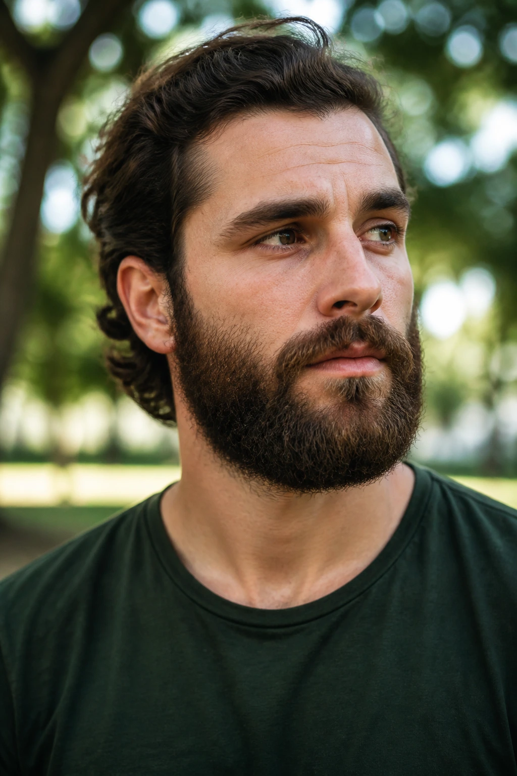 Close-up of a man with a natural beard in an outdoor park setting.