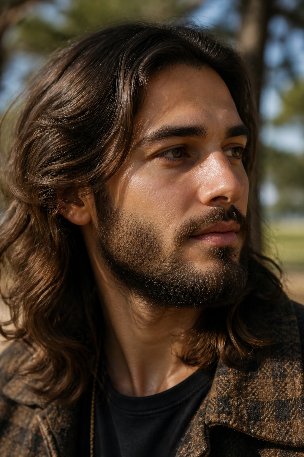 Man with natural cheek beard and long hair in a park setting.