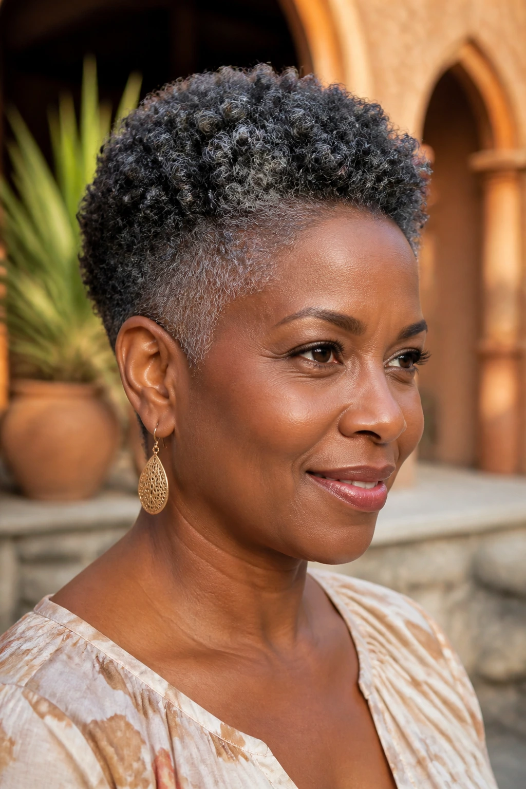 Close-up portrait of a real woman with natural coil crop and tapered sides