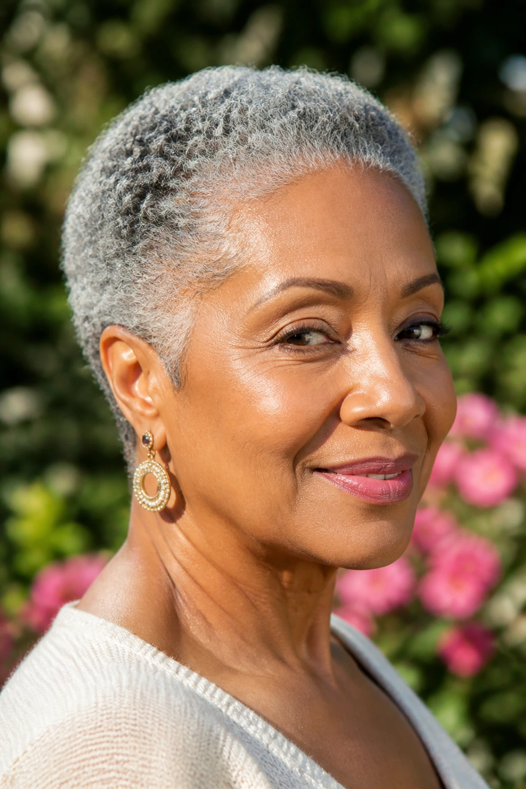 Close-up of a real woman with a gray coil crop and defined edges outdoors