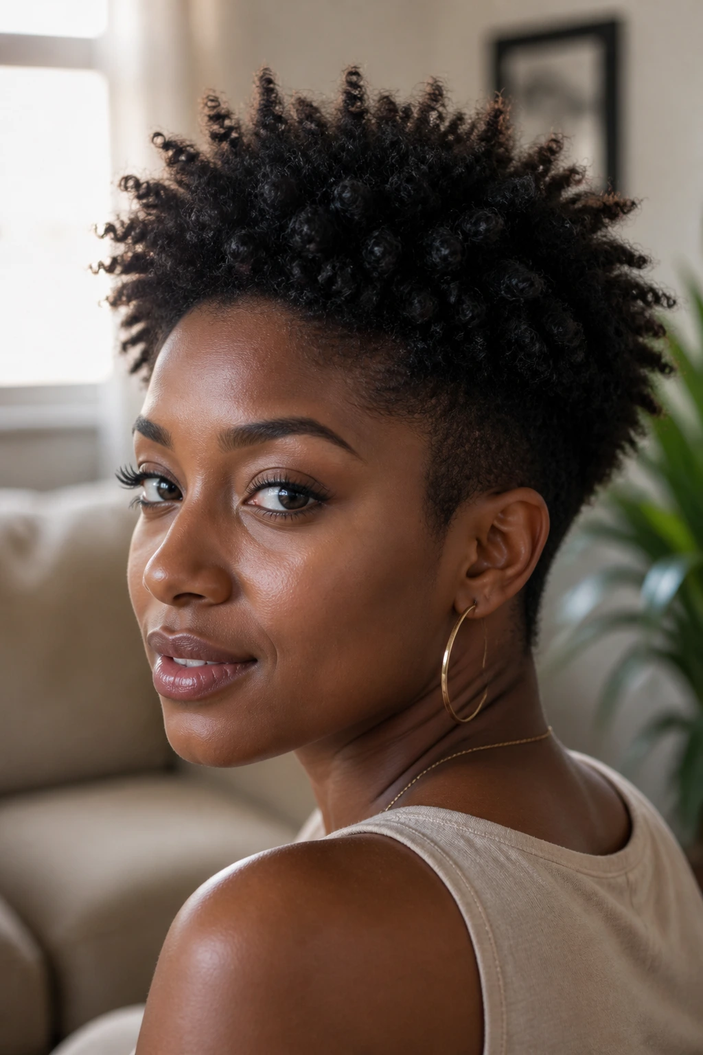 Close-up of a real woman with natural coils forming a halo around the crown, sides cropped