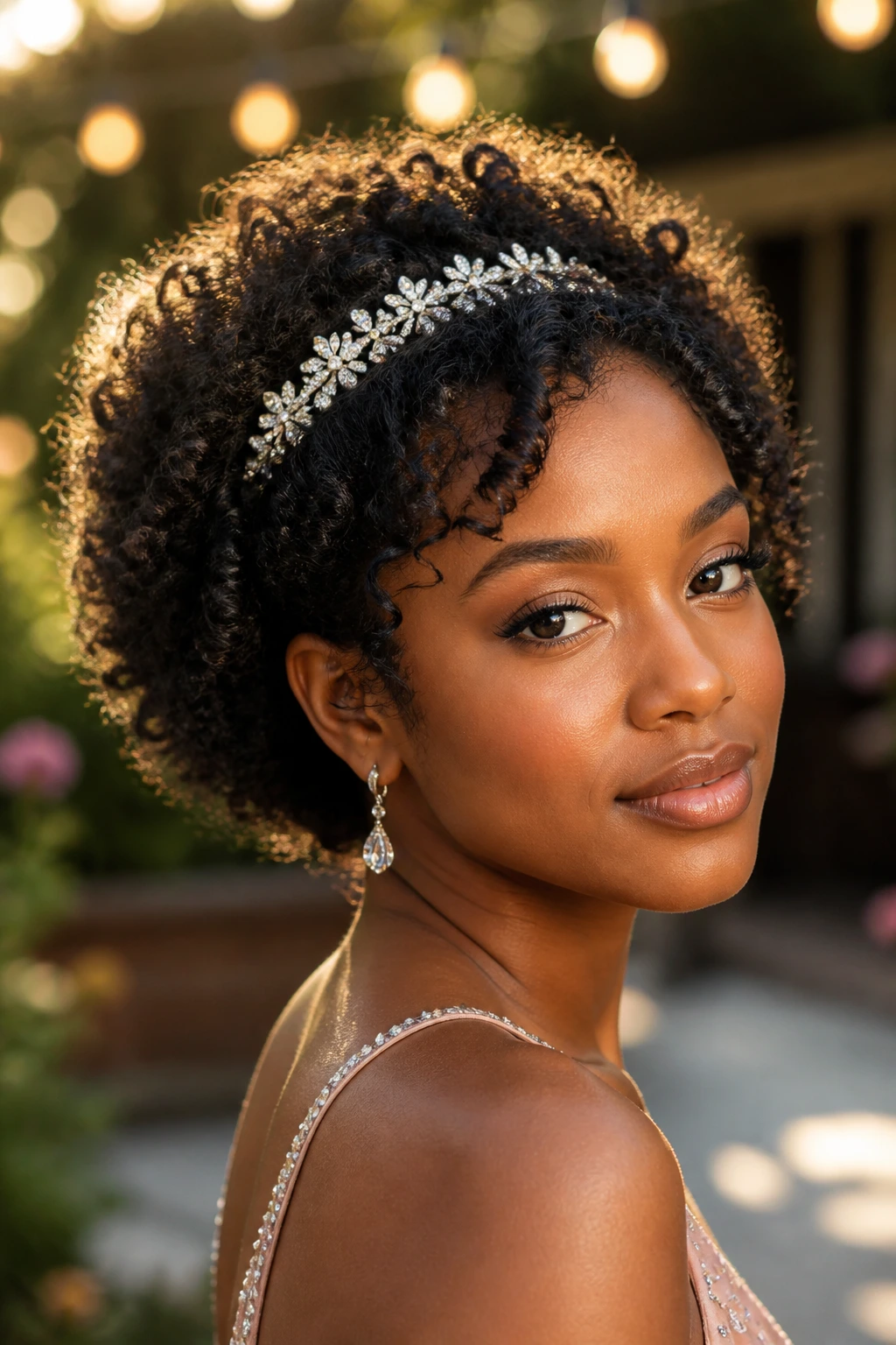 Close-up of a woman with defined natural coils and a crystal headband outdoors at golden hour