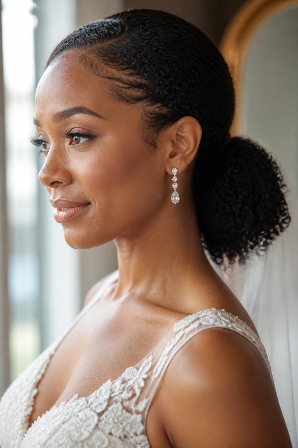 Close-up of a bride with natural-coil low ponytail at the nape
