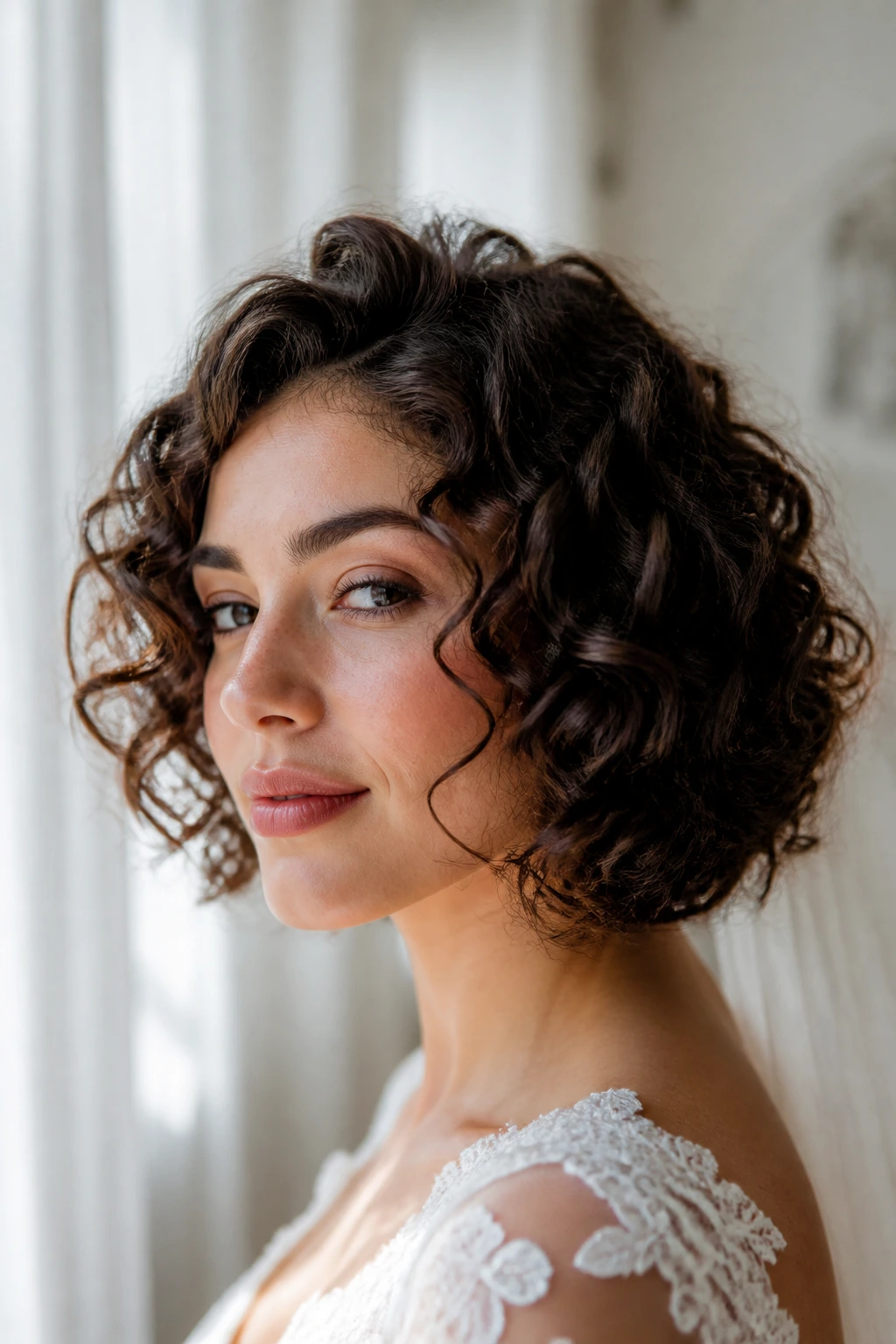 Close-up of a real bride with Natural Curl Bob