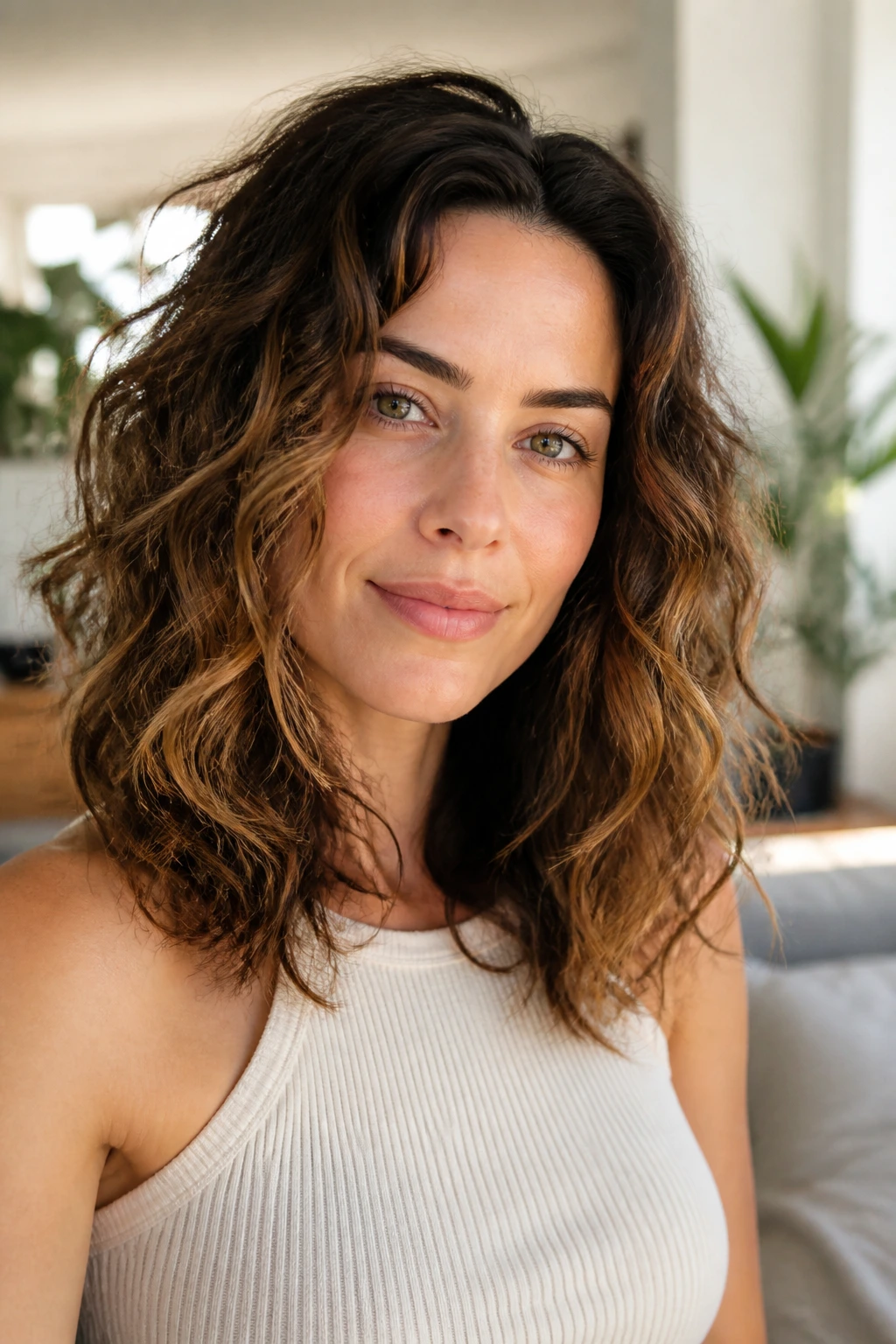 Close-up of natural curl waves with defined bends on a real woman in a bright living room