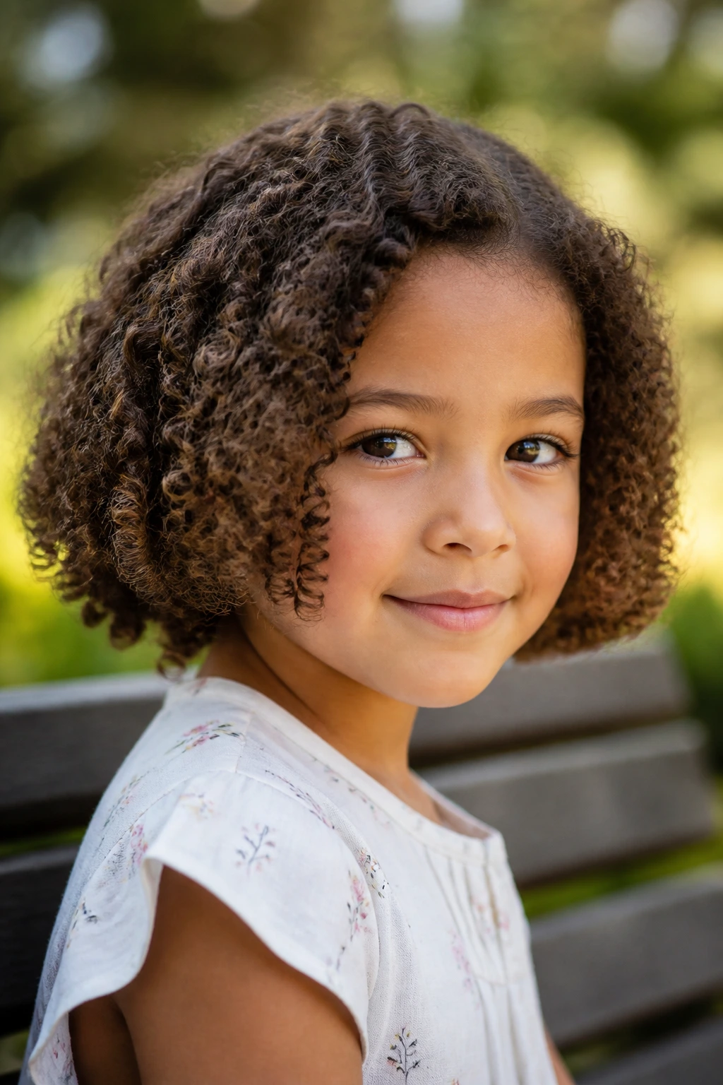 Close-up of a real child with a natural curls bob outdoors