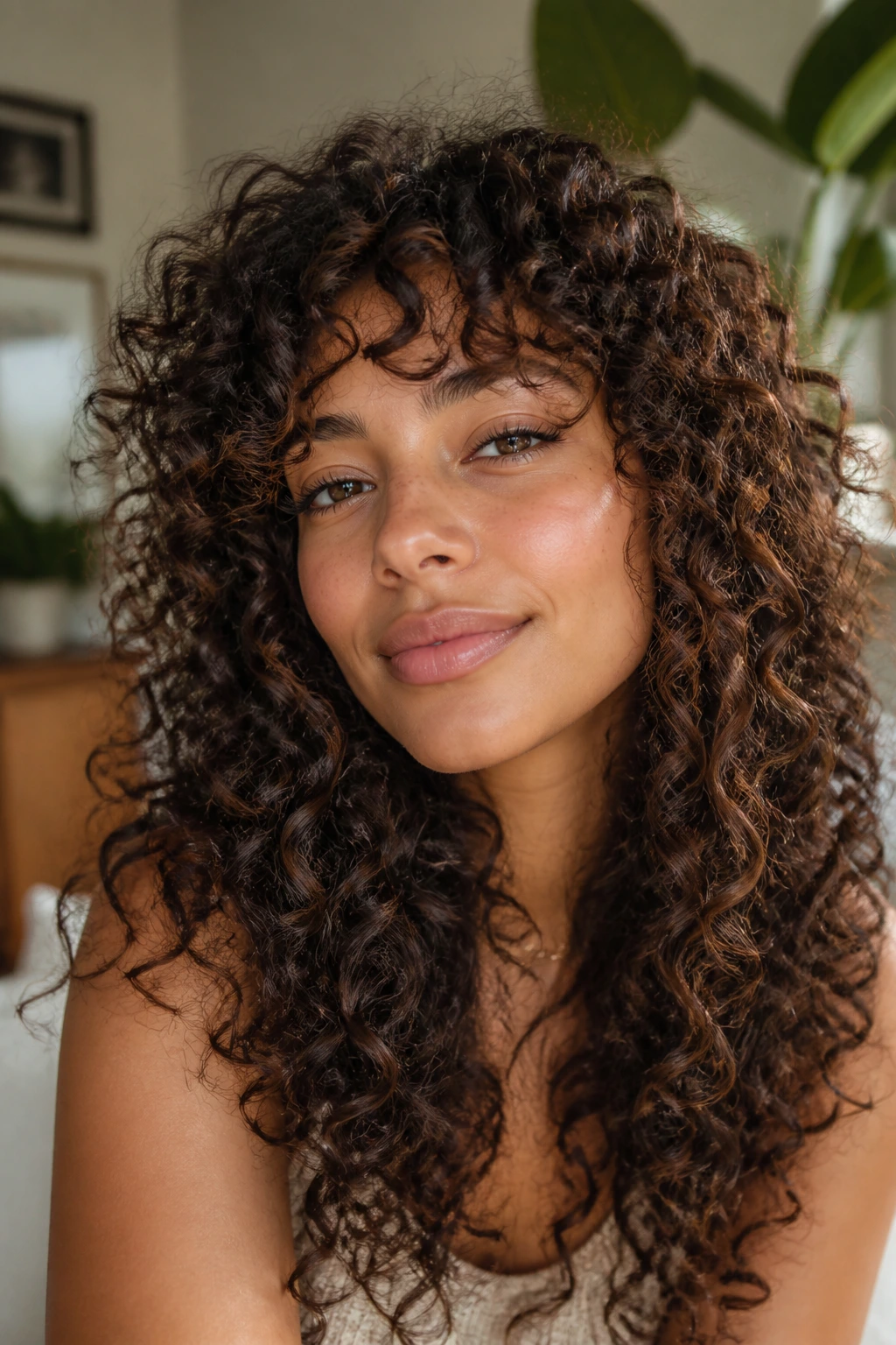 Real woman with natural curls and choppy bangs, close-up in soft living room light