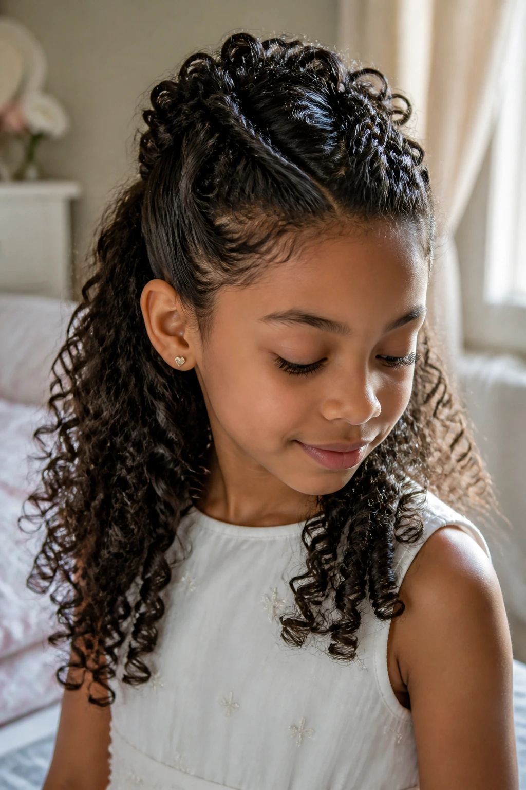 Close-up portrait of a real child with defined curls at the crown in a half-up hairstyle