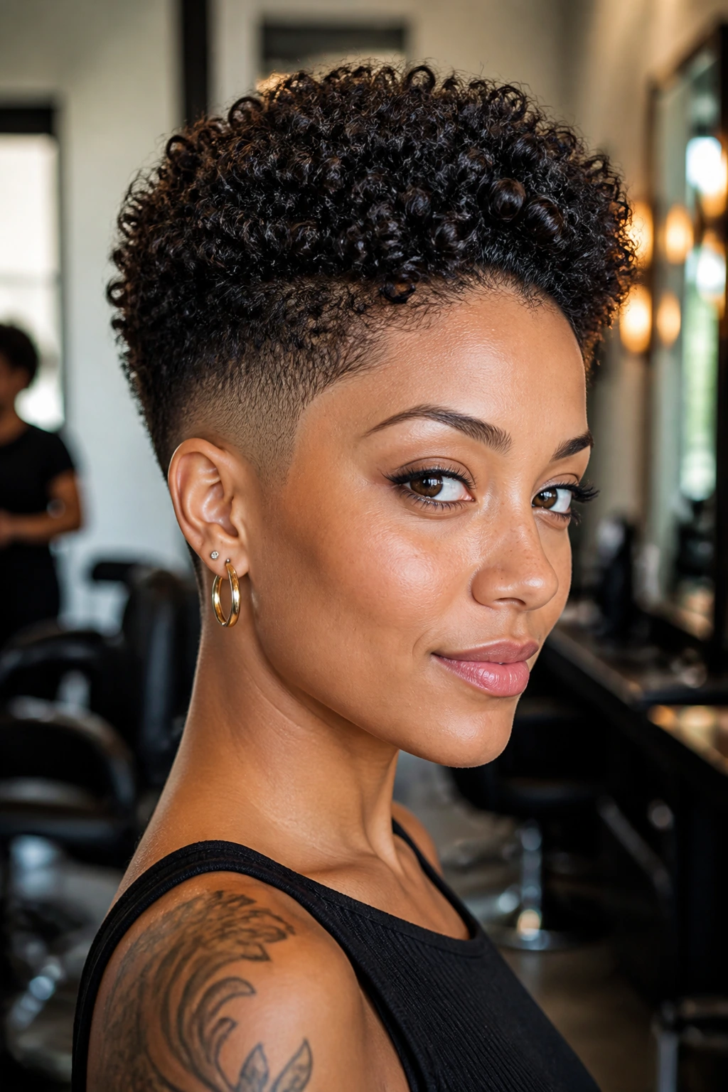 Close up of a real woman with natural curls and a crisp fade