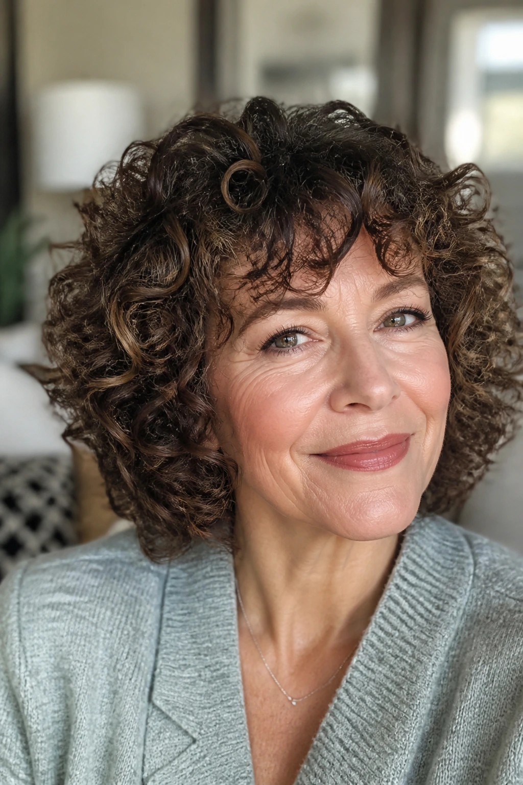 Real woman with natural curls and feathered bangs in a cozy room