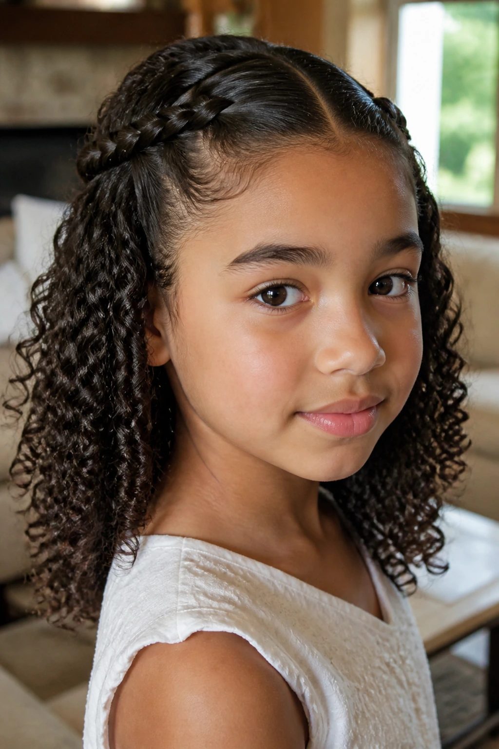 Close-up of a girl with two front twists and defined natural curls