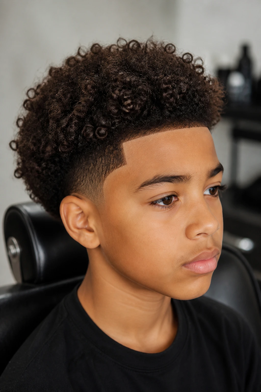 Close-up of a real boy with natural curls and a sharp line-up at the hairline