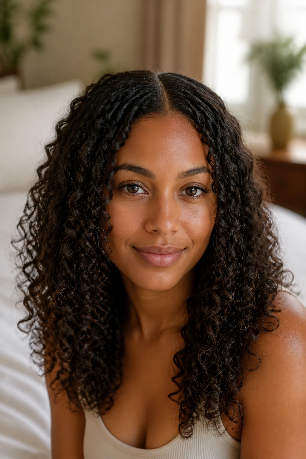 Close-up portrait of a real woman with defined natural curls worn down the middle, hydrated texture and natural shine