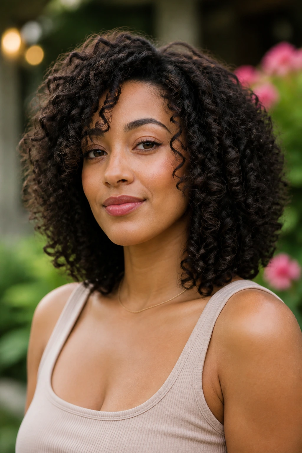 Real person with defined shoulder-length curls framing the face