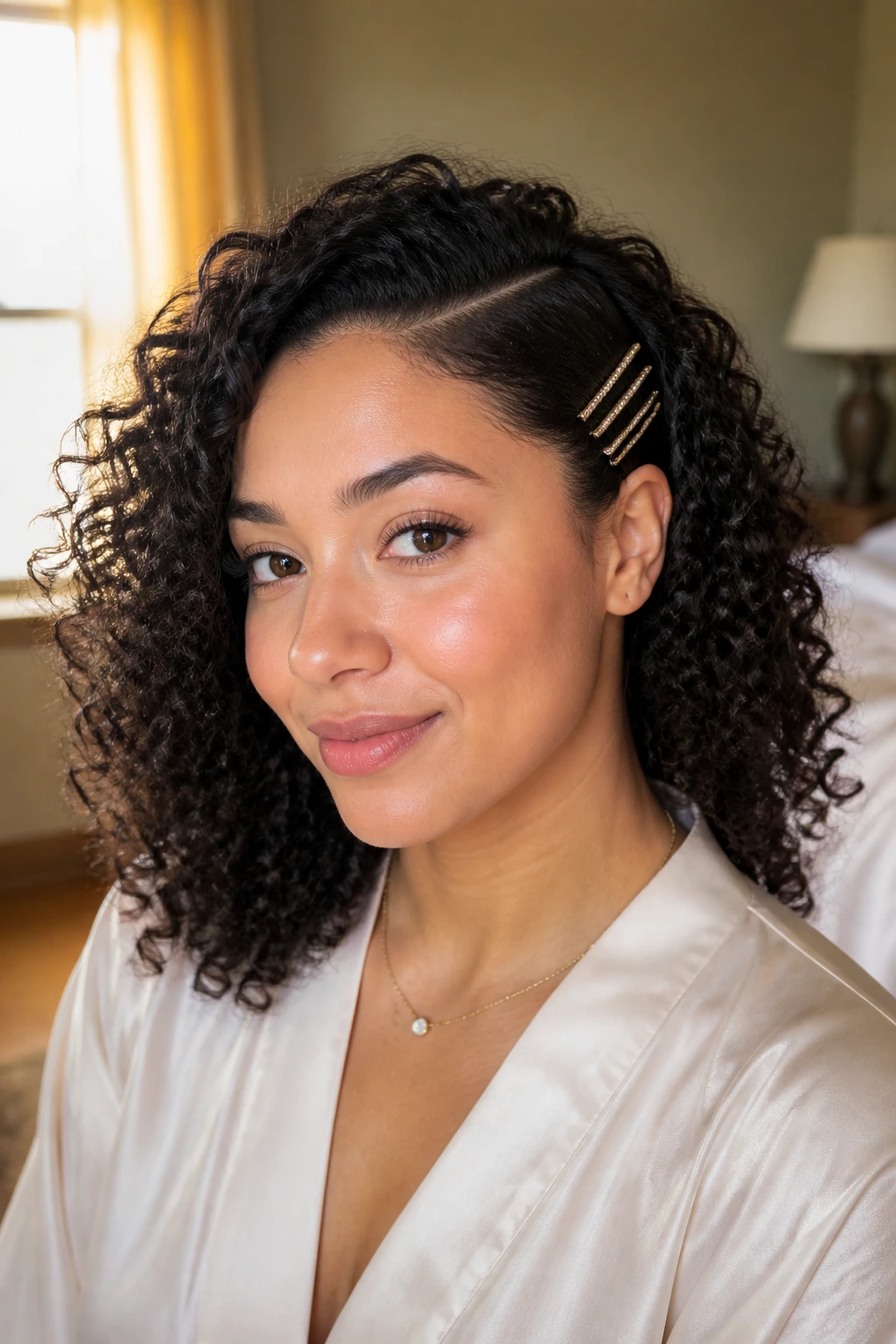 Close-up of a real woman with natural curls, side part, and pins