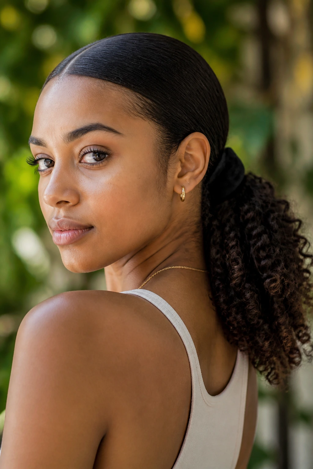 Close-up of real woman with natural curls in a sleek low ponytail at the nape