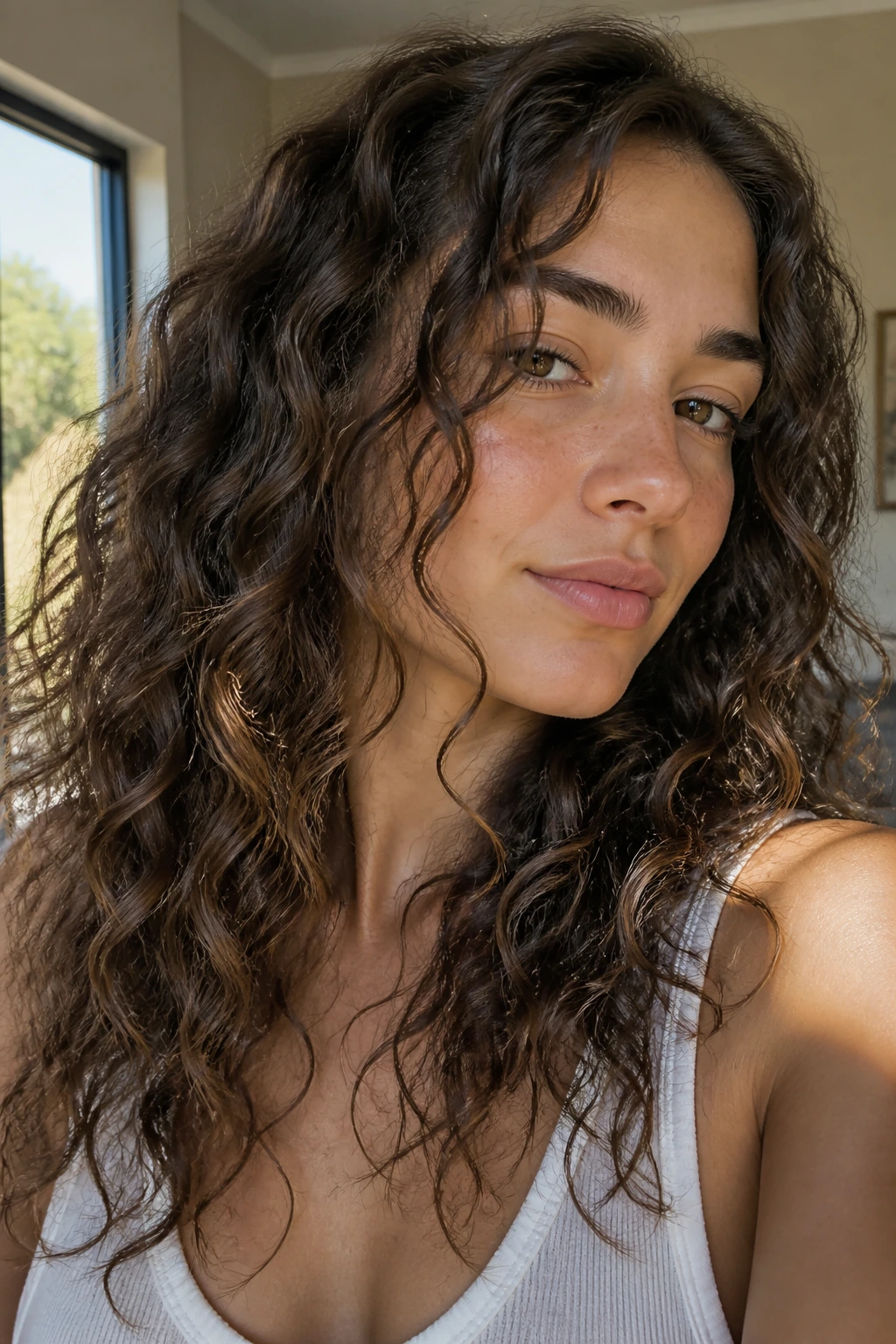 Close-up portrait of a real person with natural curly hair texture and subtle beach waves