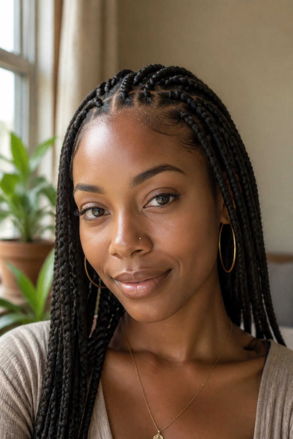 Portrait of a woman with protective braids on natural hair indoors