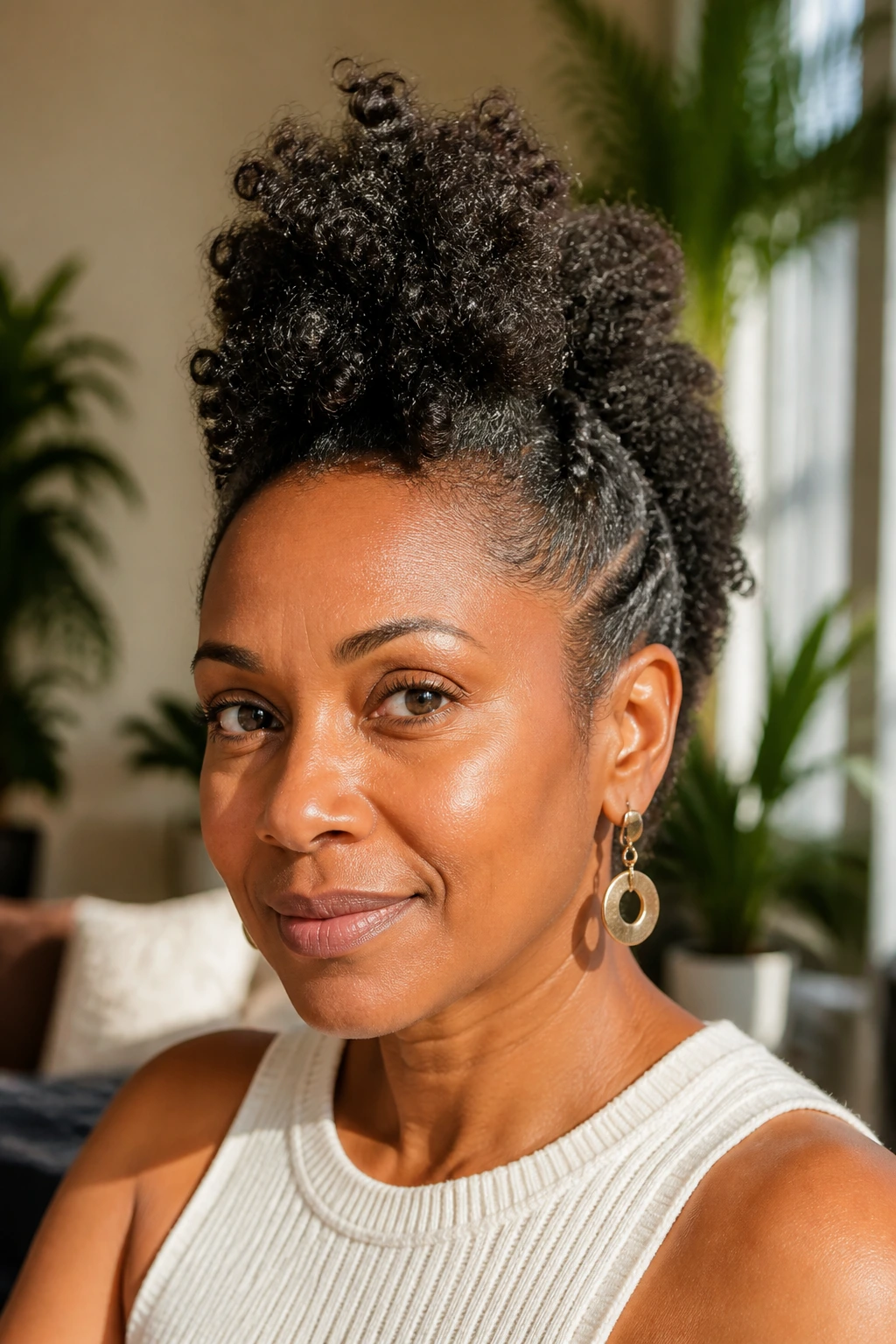 Portrait of a real woman with natural-hair faux hawk showing lifted center and tucked sides in natural light.