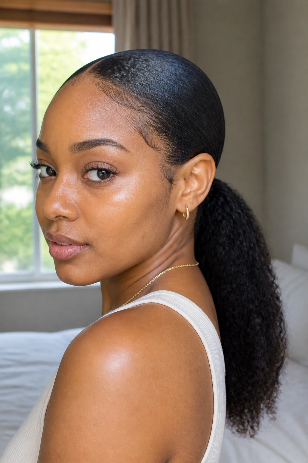 Close-up of a real woman with a natural-textured, sleek low ponytail at the nape in soft window light.