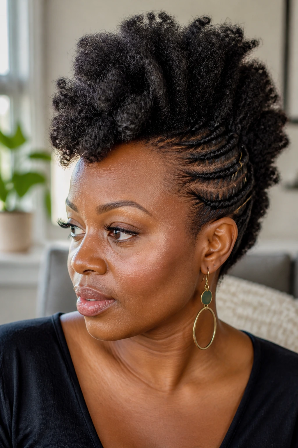 Natural hair mohawk silhouette with center volume and pinned sides.