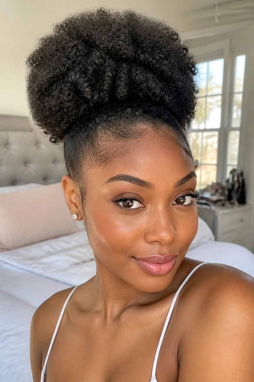Close-up of natural hair puff updo on real woman