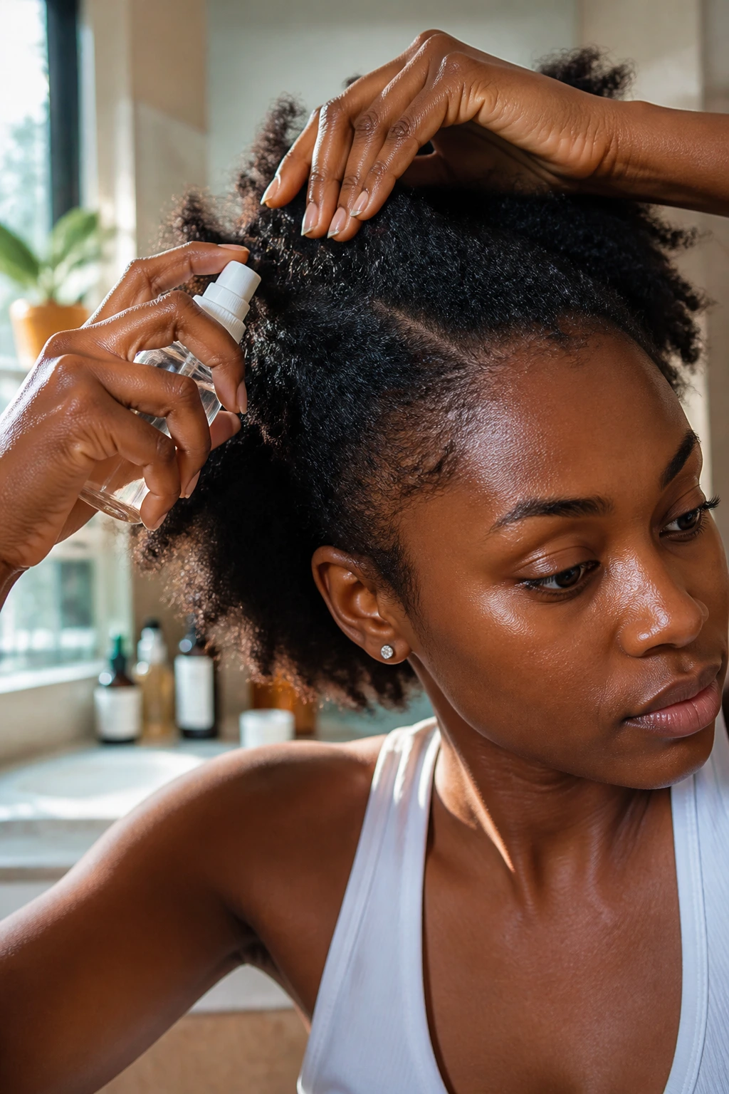 Close-up of a real person performing scalp prep on natural textured hair in a sunlit bathroom