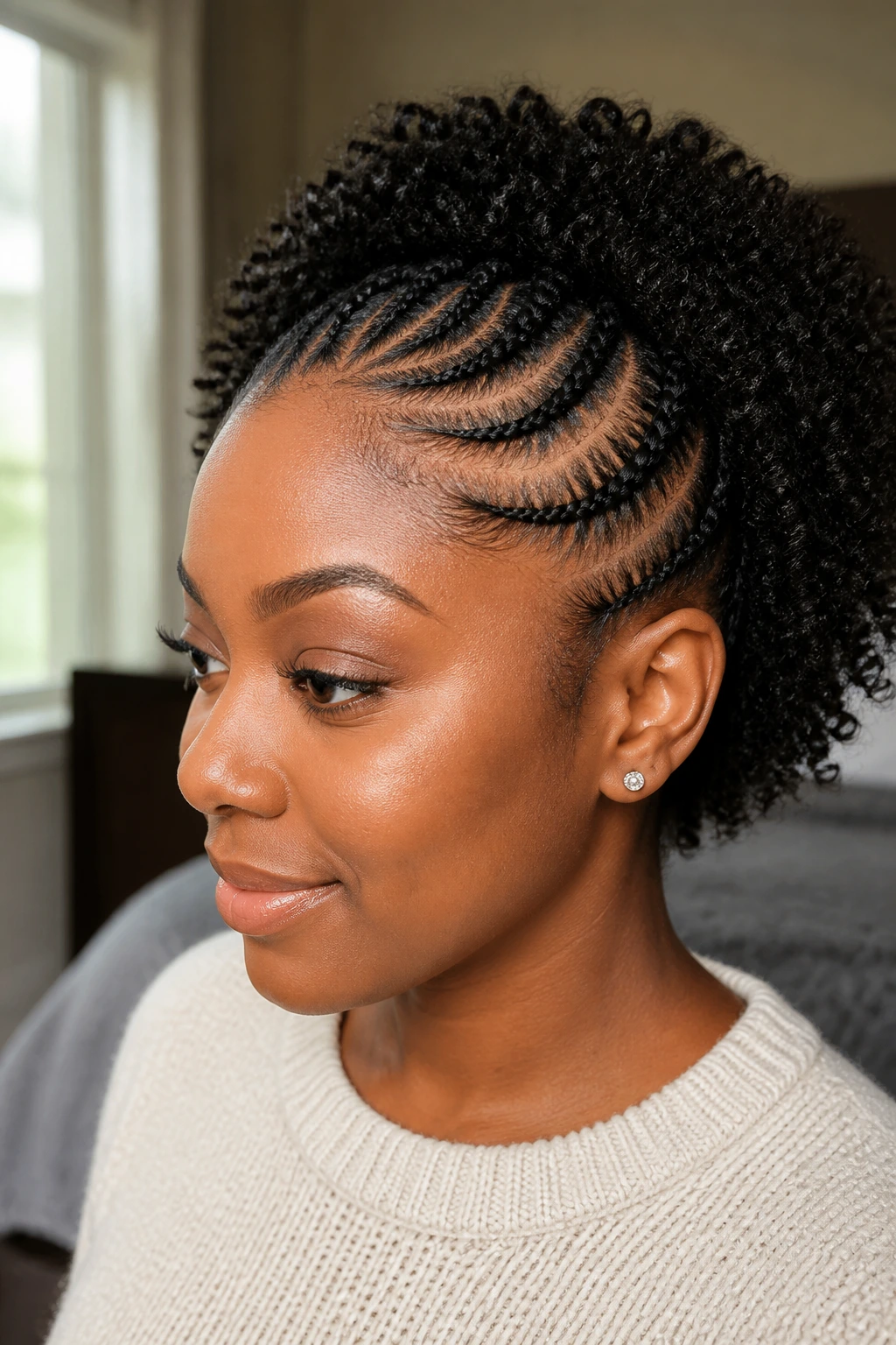 Real person with neatly seated side cornrows on natural hair