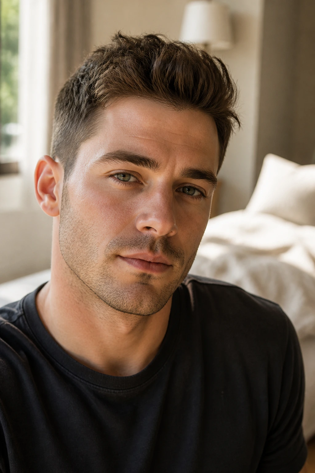 Close-up portrait of a man with a natural low-maintenance quiff