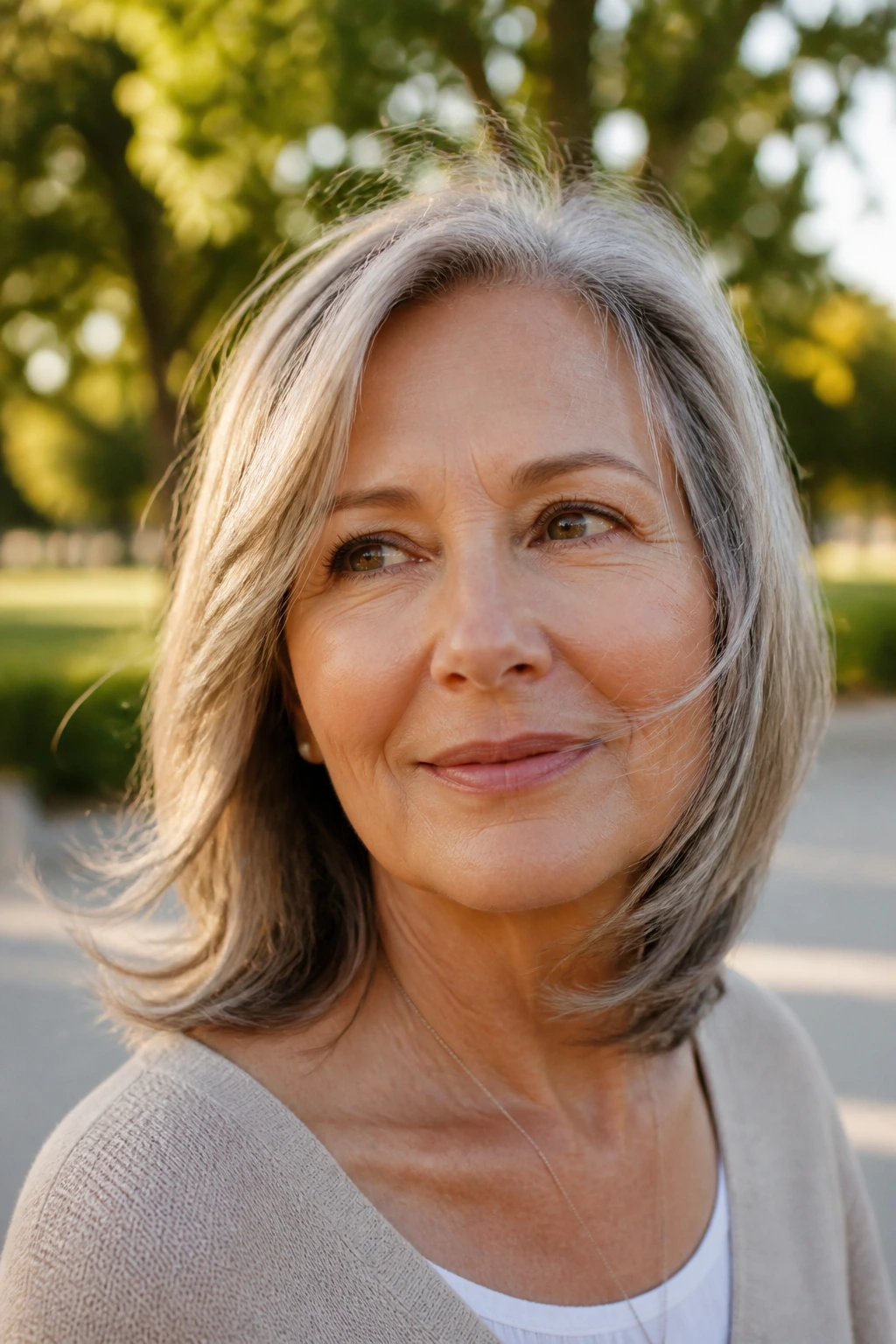 Portrait of a real woman with a natural medium-length cut looking effortless in a breeze