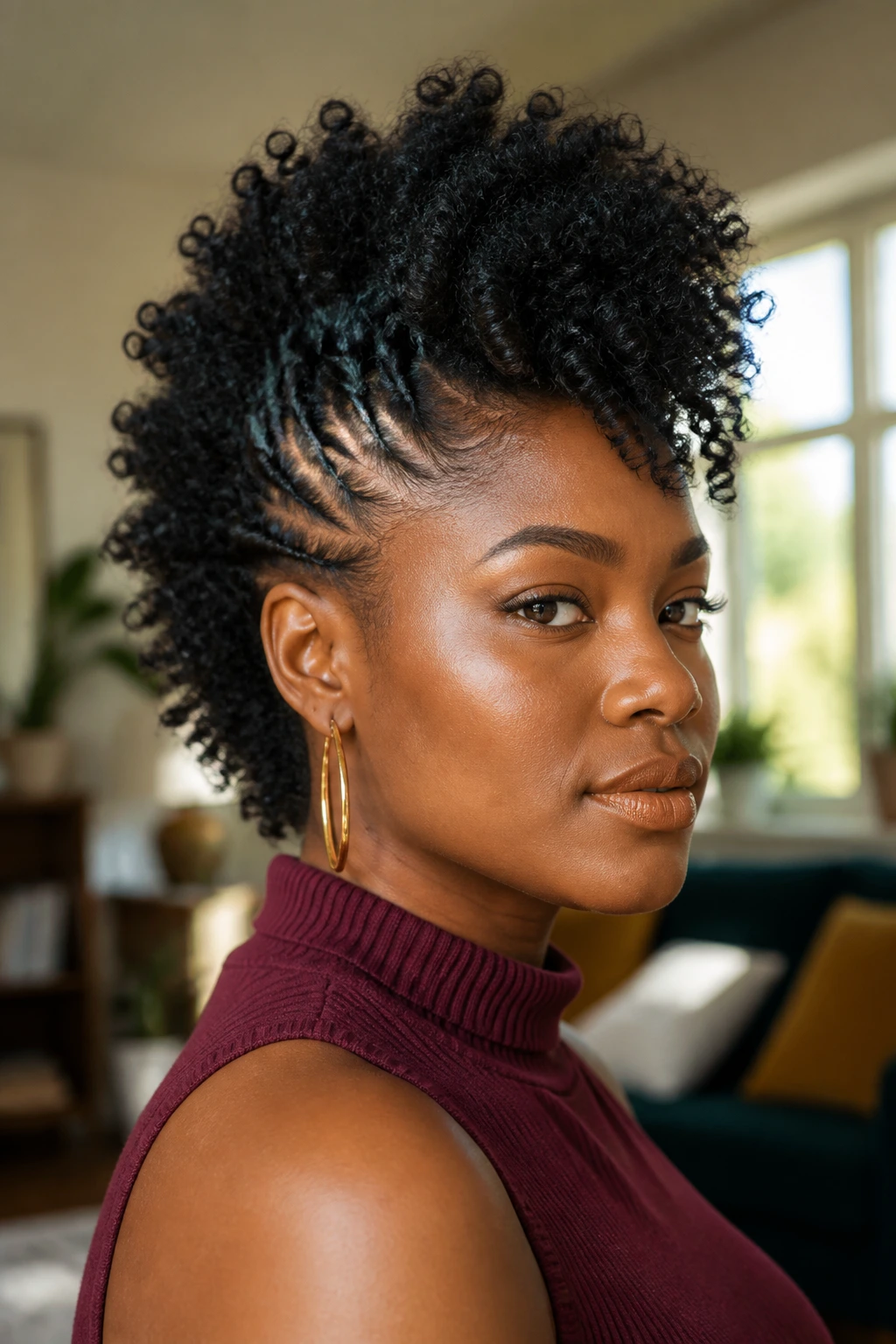 Close-up portrait of a Black woman with a natural mohawk formed by coils, warm daylight.