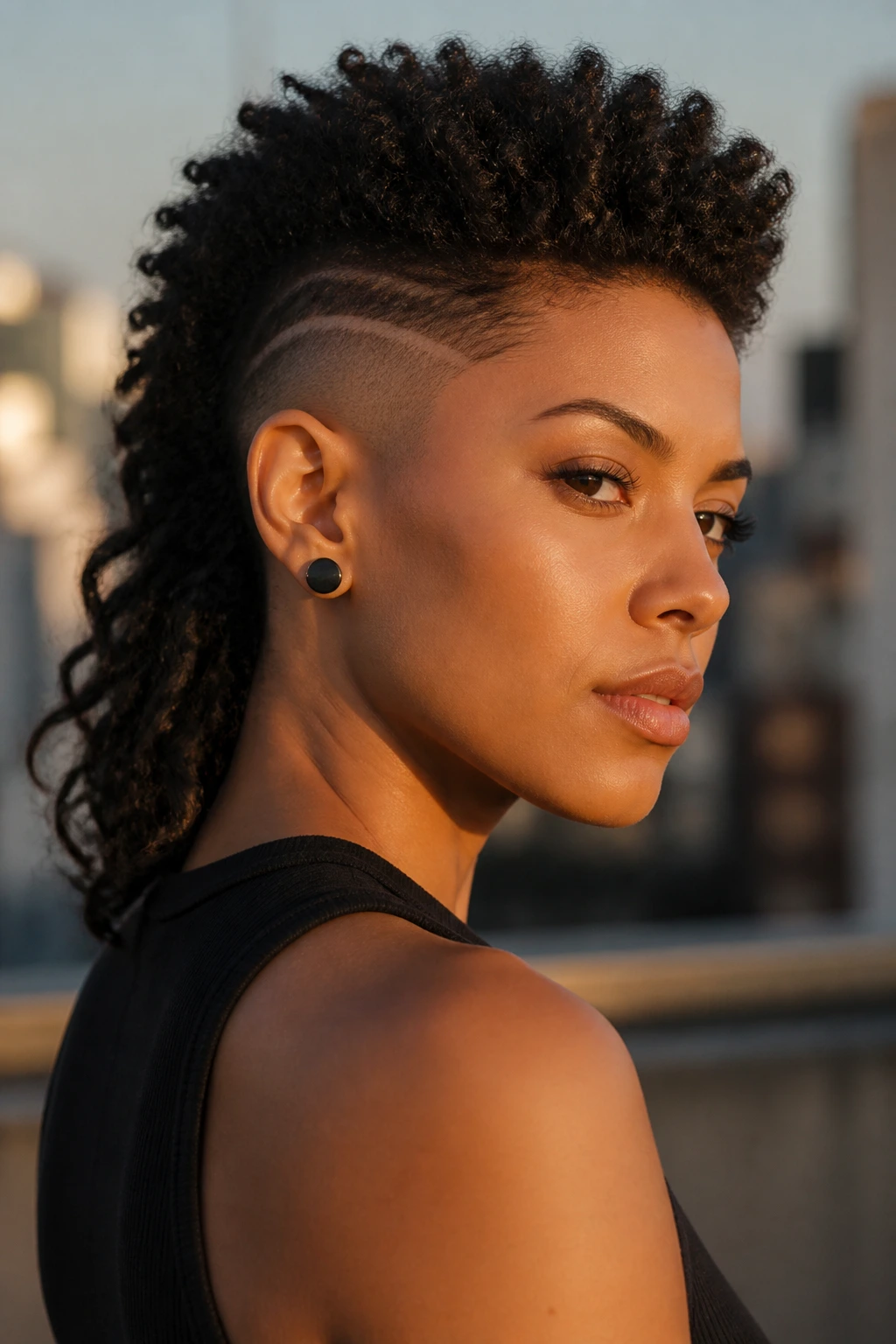 Close-up portrait of a person with a natural mullet and shaved sides in golden hour light.