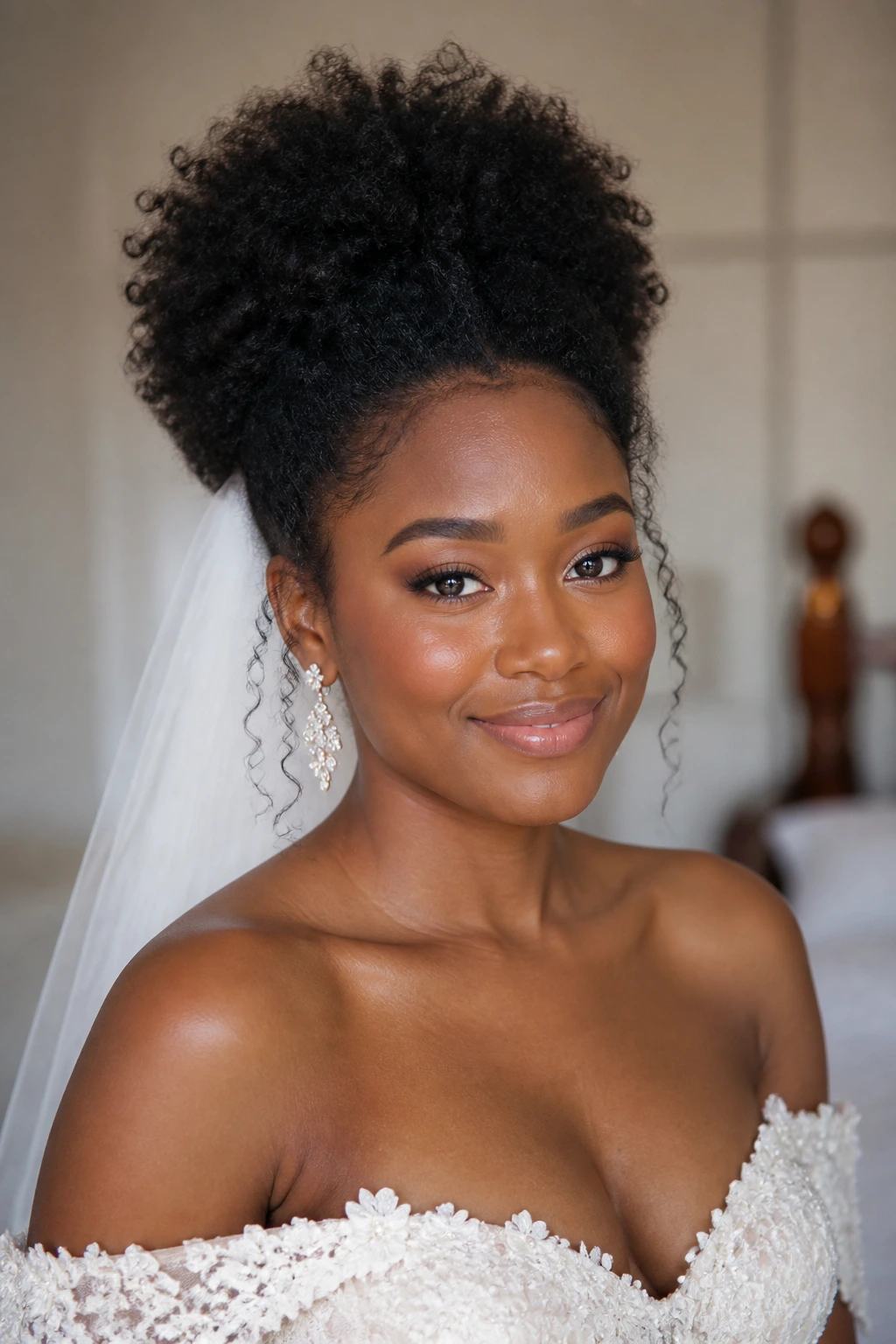 Bride with Natural Puff hairstyle, crown lifted with rounded silhouette