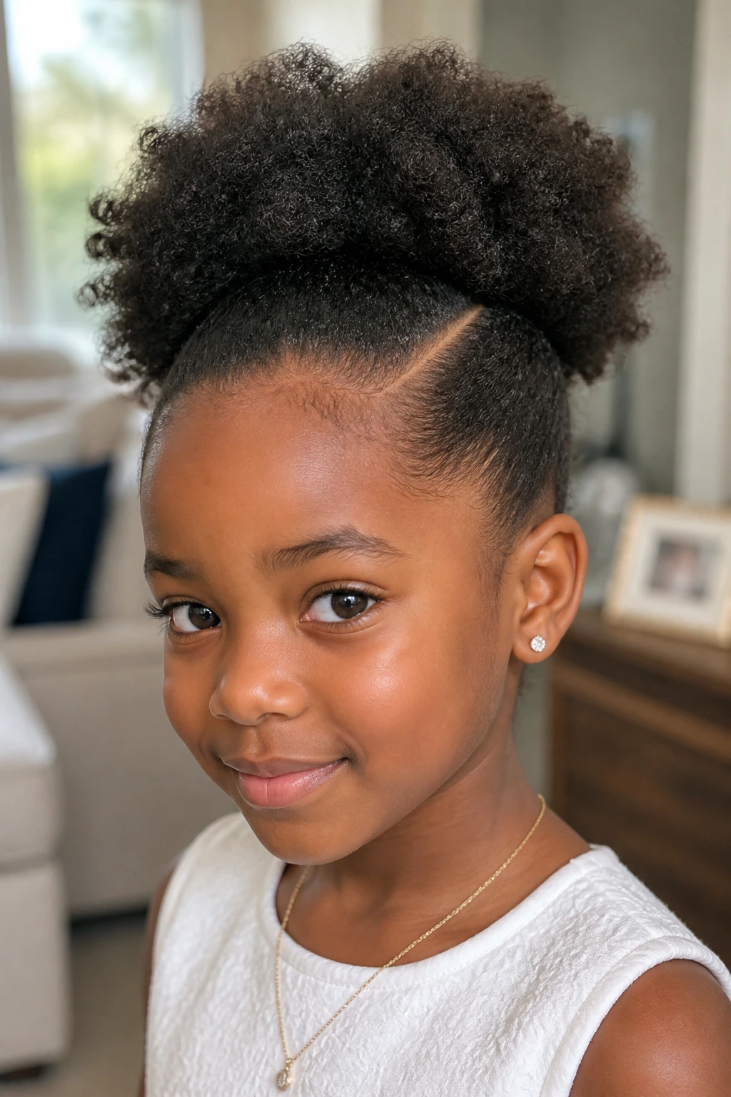 Close-up of a real child with natural puff and clean side part hairstyle