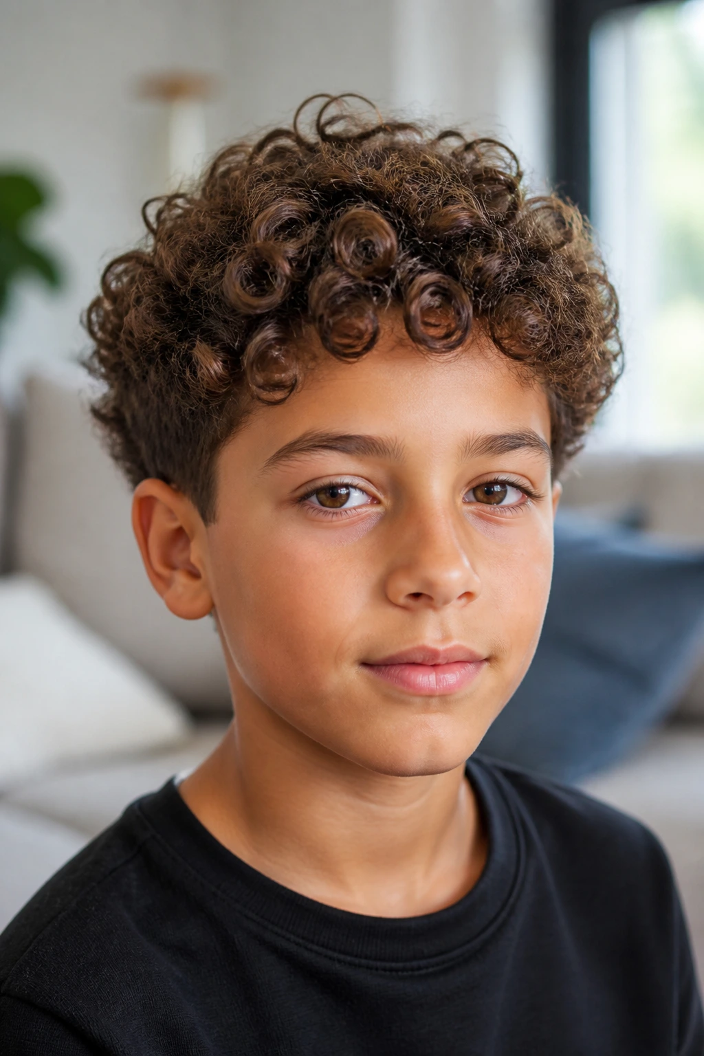 Close-up of a real schoolboy with natural ringlet curls and trimmed outline.