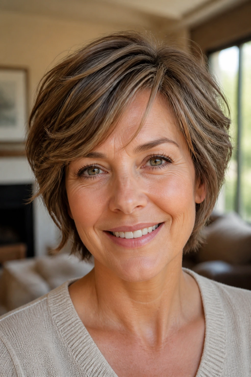 Portrait of a woman with a natural, everyday short layered cut