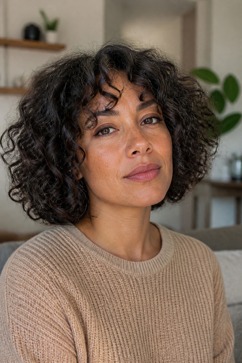 Real woman with natural-texture curly bob in soft daylight