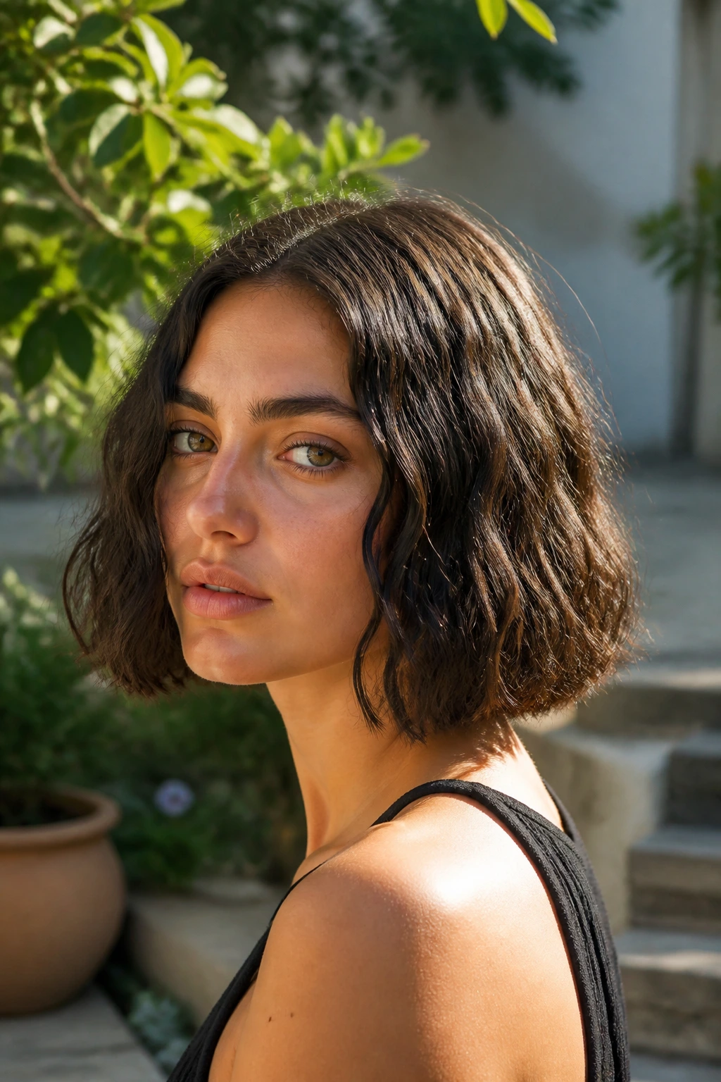 Close-up of a real woman with natural waves in an air-dried blunt bob beside a sunlit courtyard