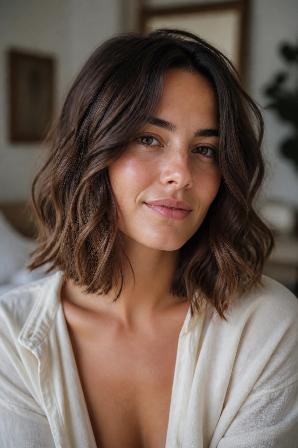 Real woman with natural textured lob and relaxed waves in daylight