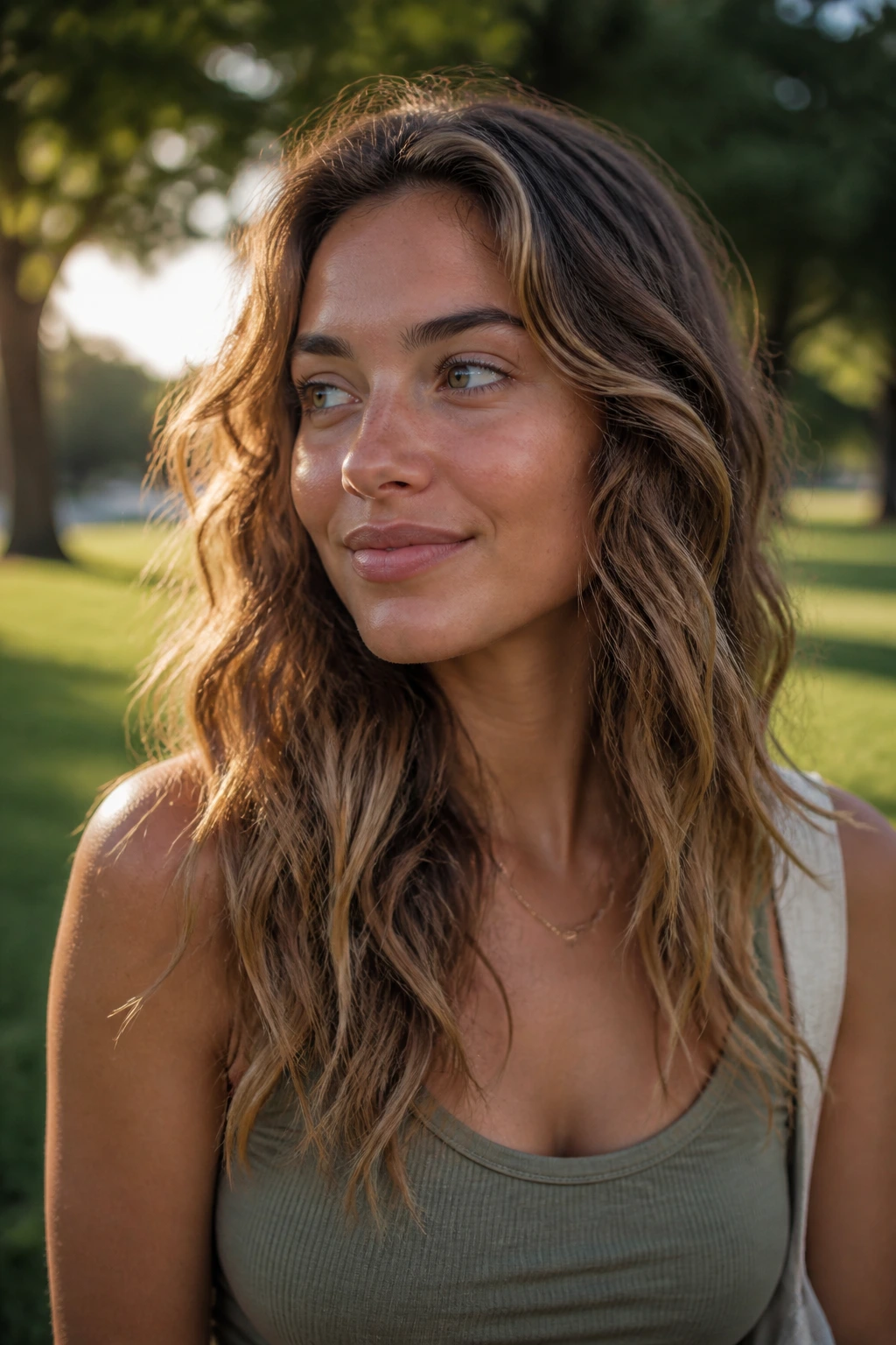 Close-up portrait of a real woman with natural textured waves outdoors at golden hour